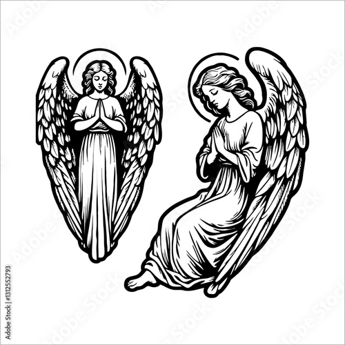 Illustration black white vector line drawing of praying angel