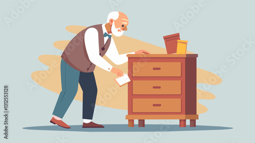 An elderly gentleman sanding down and refinishing an old wooden dresser to give it a fresh updated look.. Vector illustration