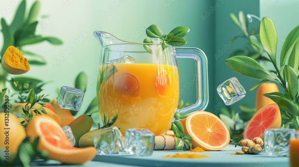 Refreshing Citrus Juice with Ice and Fresh Ingredients in a Vibrant Still Life Scene Refreshing Citrus Juice with Ice and Fresh Ingredients in a Vibrant Still Life Scene