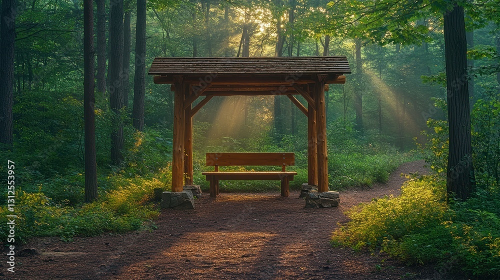 Wooden rest area in sunlit forest