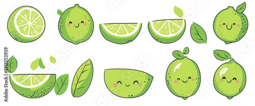 A set of cute, kawaii-style illustrations featuring limes