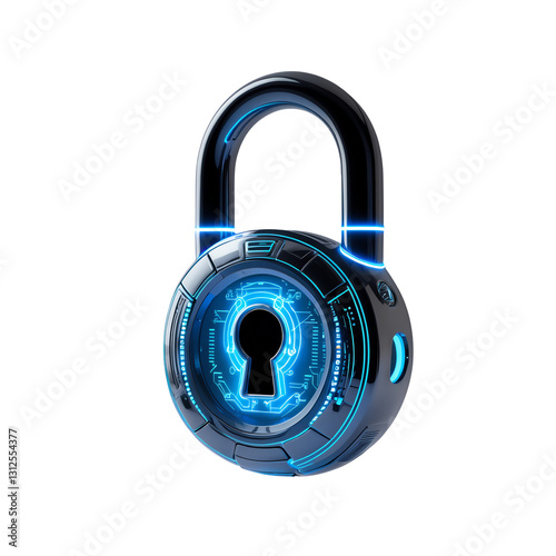 Futuristic Cyber Lock with Digital Circuitry and Keyhole, Isolated on Transparent Background.