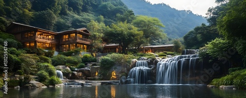 The beauty of the Lushan Country Life, a tranquil retreat surrounded by hills and waterfalls photo