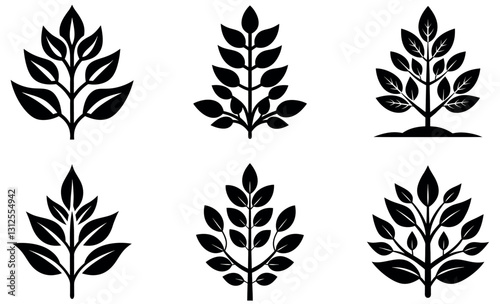 Set of stylized black and white tree and plant icons