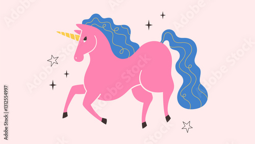 Cute pink unicorn. Fairytale funny whimsical groovy horse. Print design for greeting cards, posters, banners. Year of the Horse. Vector illustration in flat style