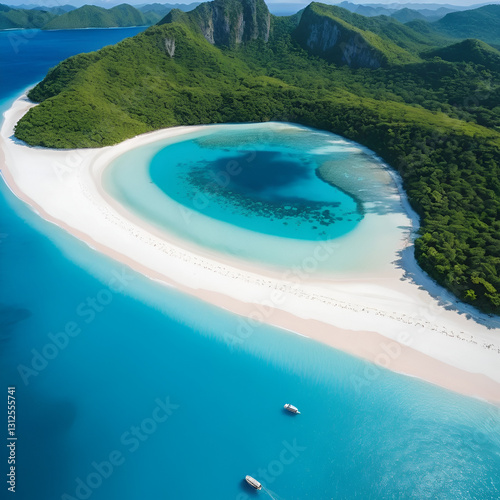 Top view of white sand beach tropical with seashore as the island in a coral reef ,blue and turquoise sea Amazing nature landscape with blue lagoon