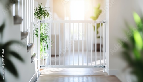 Modern New House Baby Safety Gate For Stairwell: Stylish White Fence In Beautiful Hallway For Child Protection