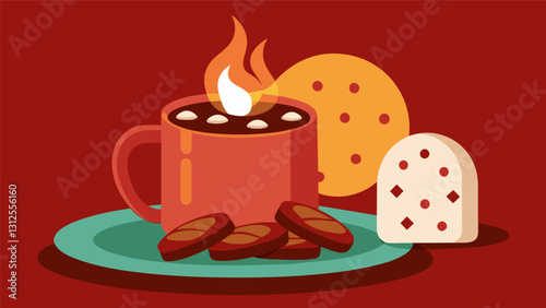 Warm cocoa and marshmallows enjoyed alongside a plate of freshly baked cookies in front of a toasty fireplace.. Vector illustration