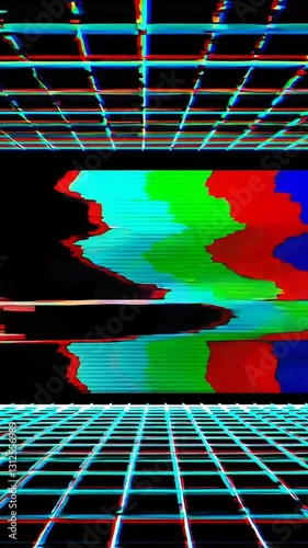 Retro digital glitch effects in a distorted colorful grid landscape