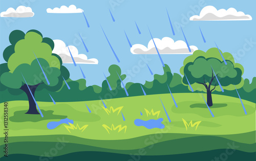 Colorful vector illustration of a serene landscape with rain and lush trees under a cloudy sky