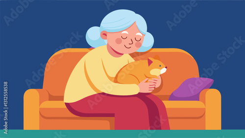 An elderly woman snuggled up on her sofa with her emotional support hamster in her lap finding comfort in the tiny creatures gentle presence.. Vector illustration