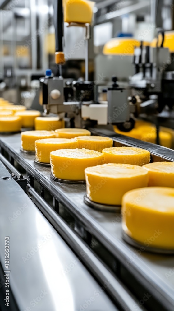 Fototapeta premium Cheese processing line with yellow and white packaging elements