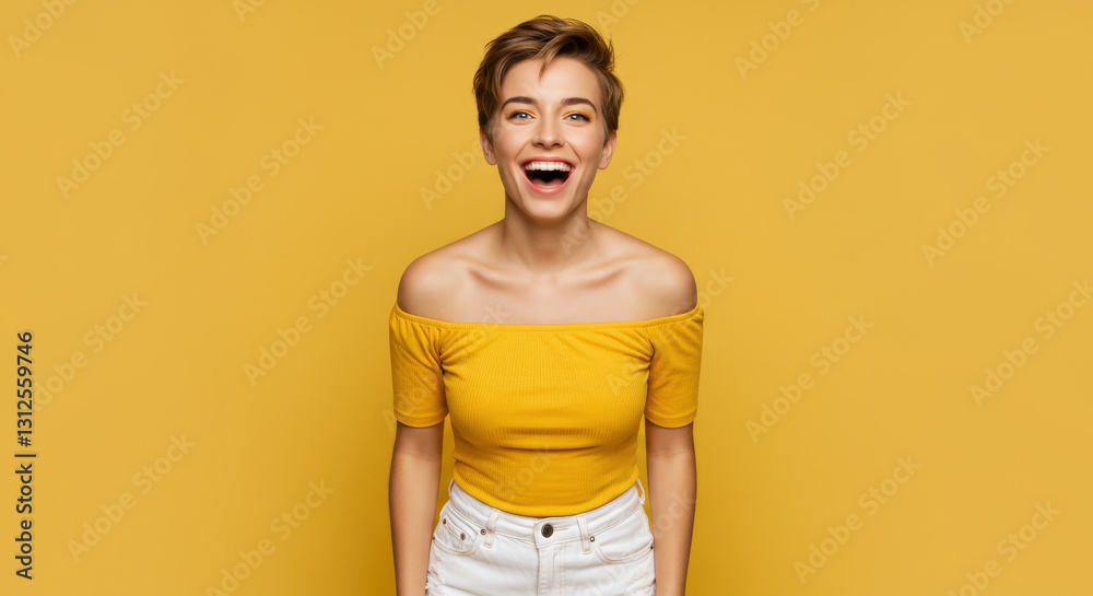 Obraz premium Young woman happy on yellow isolated background