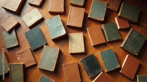 Top view of various antique and used books with covers of varied tones and warm atmosphere.