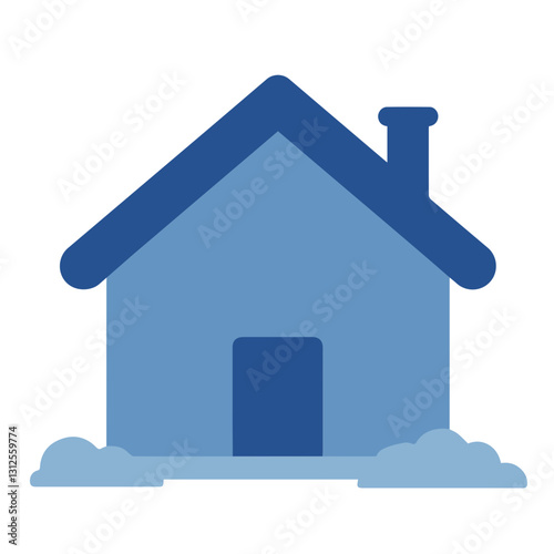 Dark blue simple house icon with a chimney and a pitched roof in a minimalistic design on a transparent background