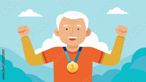 An elderly man proudly displaying his firstplace medal after winning a race at a senior fitness competition.. Vector illustration