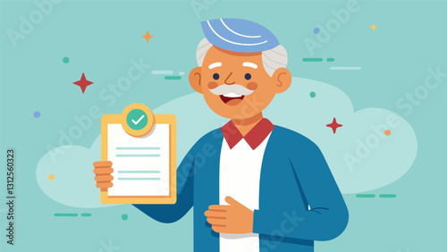 An older man beaming with pride as he receives a certificate for completing a yearlong language course.. Vector illustration