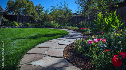 Serene garden pathway with lush greenery and colorful flowers in a sunny backyard. photo