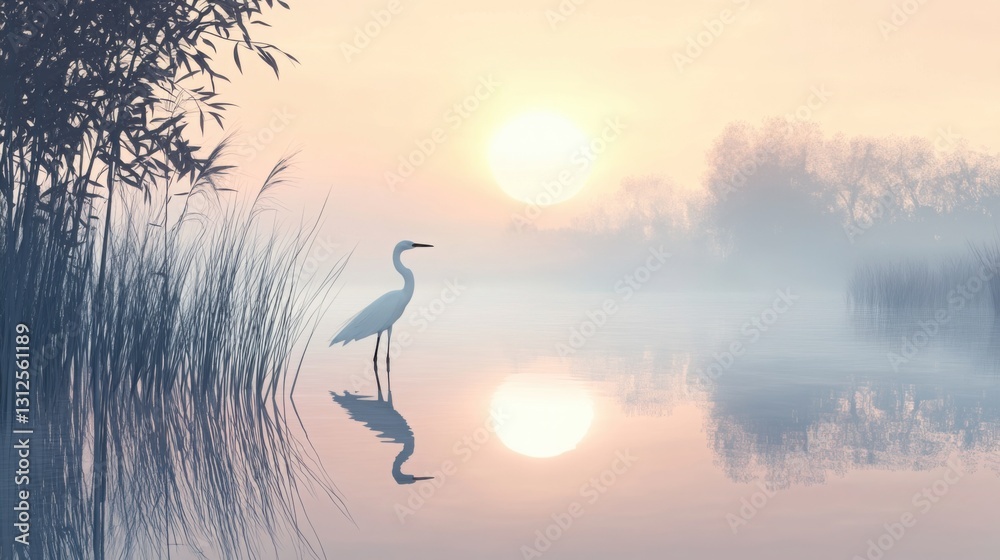 Fototapeta premium A serene wetland bathed in the soft hues of dawn, where a solitary egret stands gracefully in the shallow water, its reflection shimmering on the misty surface