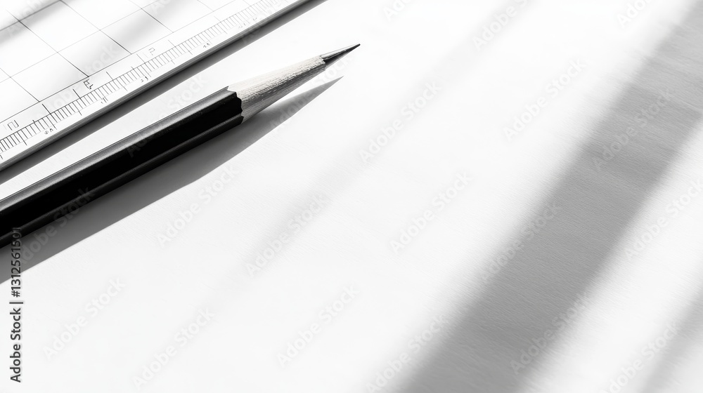 Black pencil and ruler on a clean white surface with soft shadows creating a minimalist effect Black pencil and ruler on a clean white surface with soft shadows creating a minimalist effect