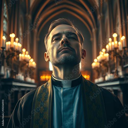 A highly detailed ultra realistic portrait of a priest in deep prayer captured in the serene ambiance of an ancient candle lit church