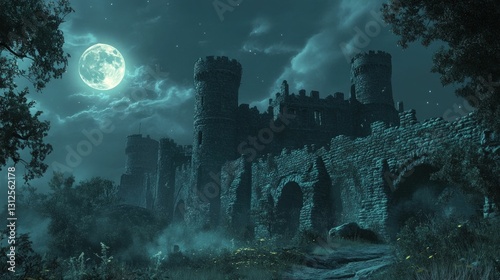 Enigmatic castle ruins under a full moon