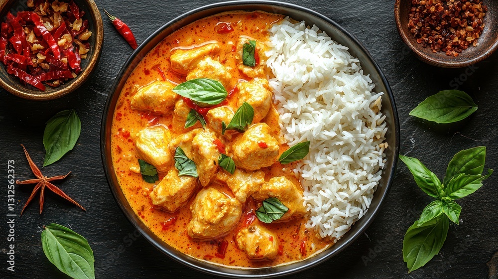 Chicken curry with rice, basil, and spices on a dark background Chicken curry with rice, basil, and spices on a dark background
