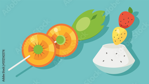 Refresh after a workout with a tropical fruit skewer grilled shrimp and a side of Greek yogurt for a balanced and proteinrich snack.. Vector illustration