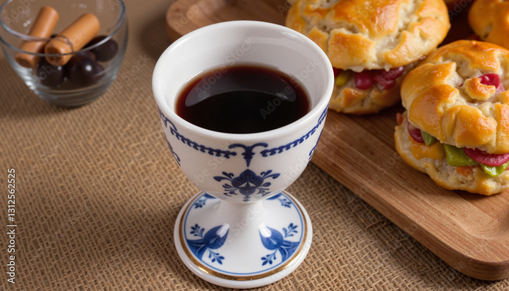 Coffee in ornate cup with pastries on wooden board Coffee in ornate cup with pastries on wooden board