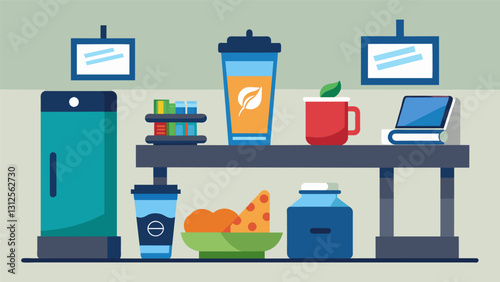 The office snack station features a variety of protein bars energy drinks and healthy shakes for employees to refuel and boost their productivity. Vector illustration