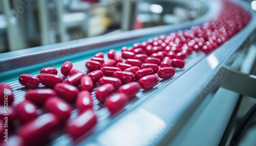 Manufacturing Red Capsules On A Conveyor In A State-Of-The-Art Pharmaceutical Facility: A Process For Producing Medical Drugs. photo