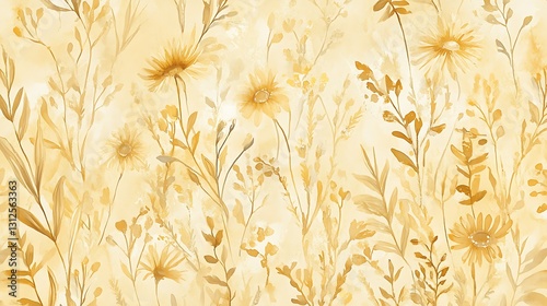 Golden wildflowers watercolor seamless pattern. Soft, dreamy, and delicate floral design