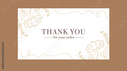 Thank you for your order card with golden floral corner decoration. Vector background with hand-drawn outline flowers and leaves. Luxury minimalistic design for print, social media, web banner.