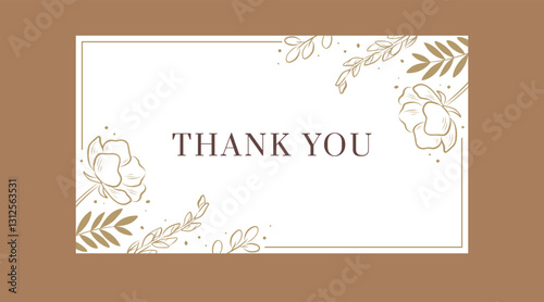Thank you card template with golden floral decoration on corner sides. Vector vintage design for print, social media, web banner. Elegant background with hand drawn outline flowers and leaves. 
