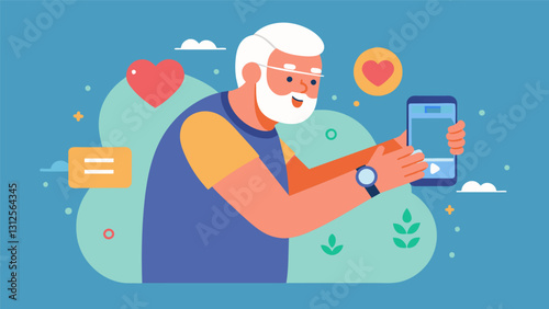 An elderly man scrolls through the data on his fitness tracker app proud to see how much his cardiovascular health has improved since he started using it.. Vector illustration