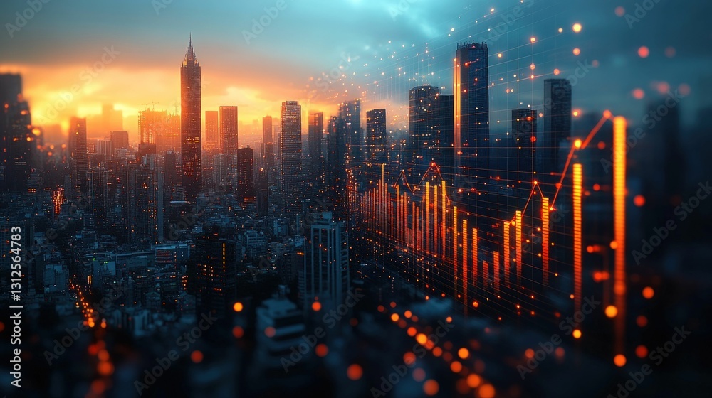 Fototapeta premium Sunset cityscape overlaid with vibrant financial data.