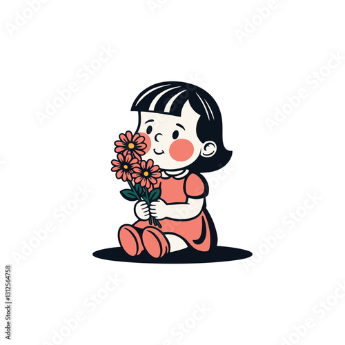 Cute girl vector carrying flowers