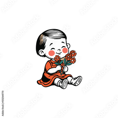 Cute girl vector carrying flowers