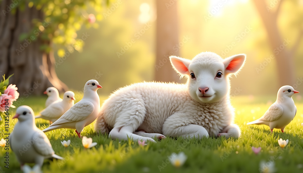 Lamb resting peacefully among birds in a sunlit meadow Lamb resting peacefully among birds in a sunlit meadow