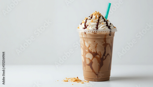 Chocolate Caramel Frappuccino with Whipped Cream on White Background with Copy Space