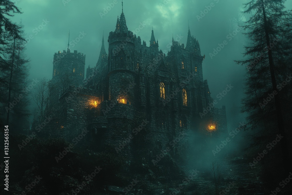 Fototapeta premium Enigmatic stone castle shrouded in forest mist