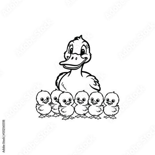 Cute duck and her baby with minimalist black lines