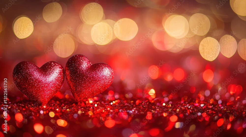 Two sparkling red hearts on a glittery surface with bokeh lights, symbolizing love and affection. Ideal for Valentine's Day, weddings, and romantic themes. Two sparkling red hearts on a glittery surface with bokeh lights, symbolizing love and affection. Ideal for Valentine's Day, weddings, and romantic themes.