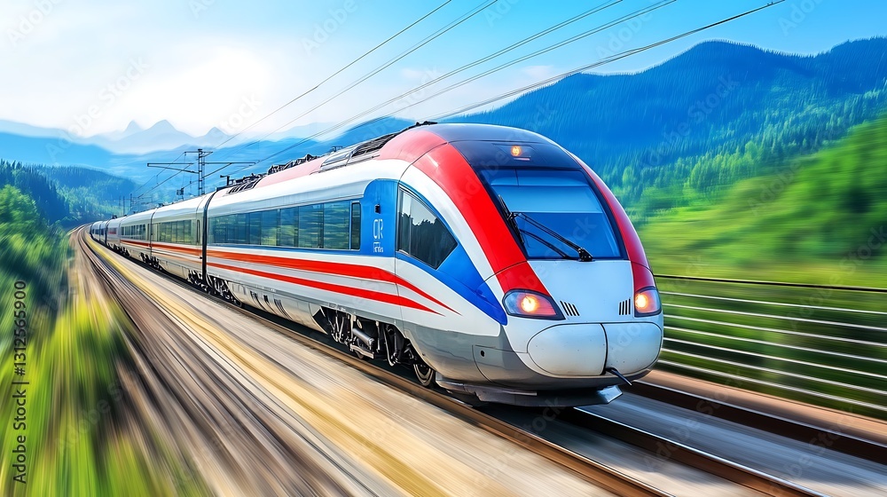 Fototapeta premium A high-speed train moving through a picturesque mountain landscape, with a clear sky above for text