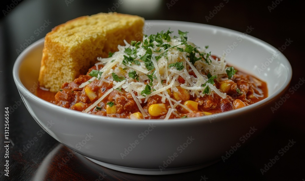 Bowl of chili topped with cheese alongside cornbread slice. Bowl of chili topped with cheese alongside cornbread slice.