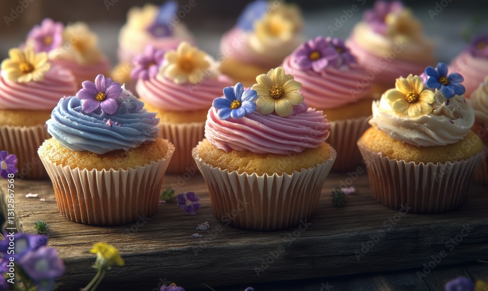 Bright cupcakes with pastel frosting and floral decorations, arranged on a rustic wooden tray illuminated by soft ambient light Bright cupcakes with pastel frosting and floral decorations, arranged on a rustic wooden tray illuminated by soft ambient light