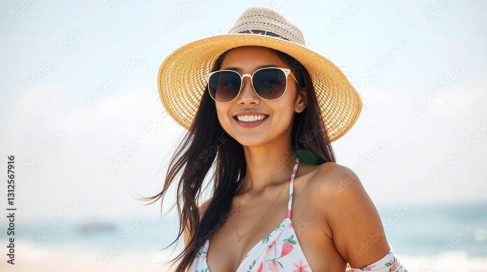 Happy young woman at the beach side, wearing a straw sun hat, sunglasses, bikini and pareo, portrait of woman in sunny summer day with blue sky, concept of a summer holiday Happy young woman at the beach side, wearing a straw sun hat, sunglasses, bikini and pareo, portrait of woman in sunny summer day with blue sky, concept of a summer holiday