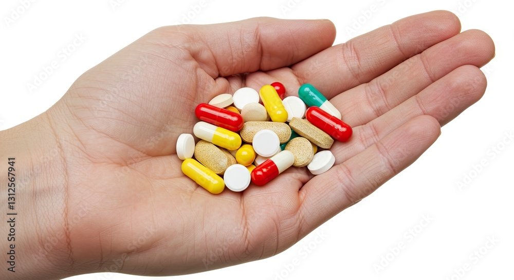 Holding Variety of Pills in Hand for Medication and Health Concepts Holding Variety of Pills in Hand for Medication and Health Concepts