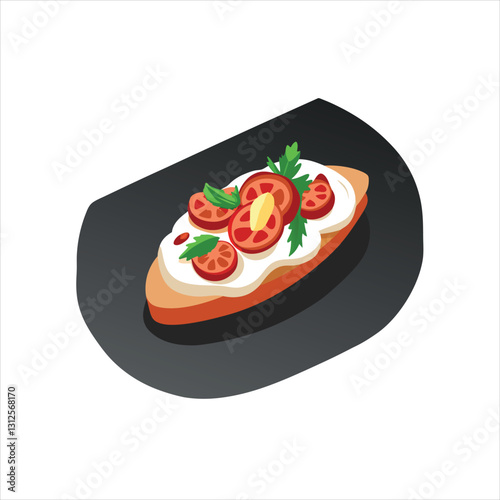 Bruschetta with Cheese, Tomato, and Bacon Vector Illustration