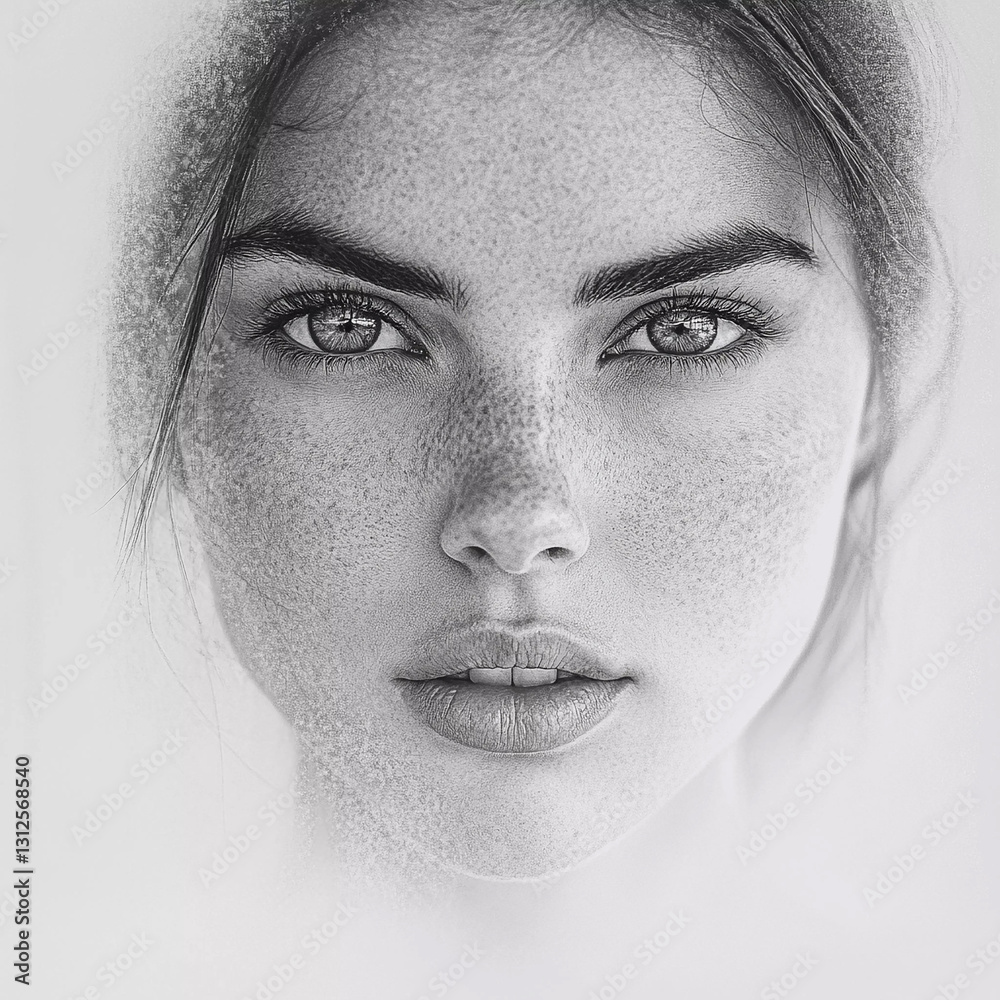 Obraz premium Stunning art depicting a close-up portrait of a young woman with captivating eyes and freckled skin
